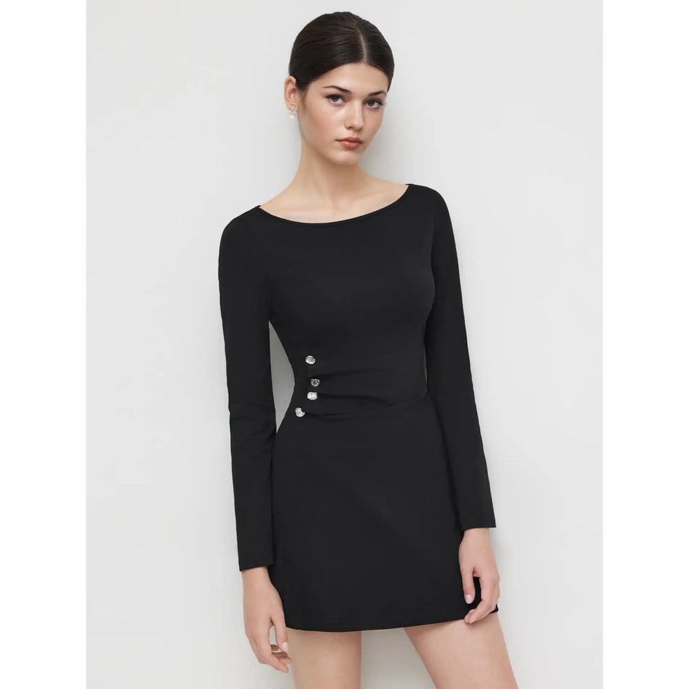 Cider Boat Neck Ruched Split Bell Sleeve Black Minidress vampire goth Size S
